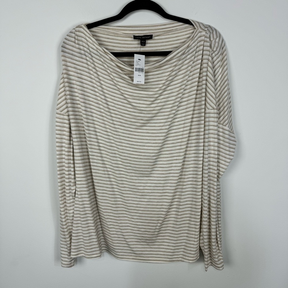 Lane Bryant White & Gold Striped Long Sleeve Boat Neck Top Office Professional